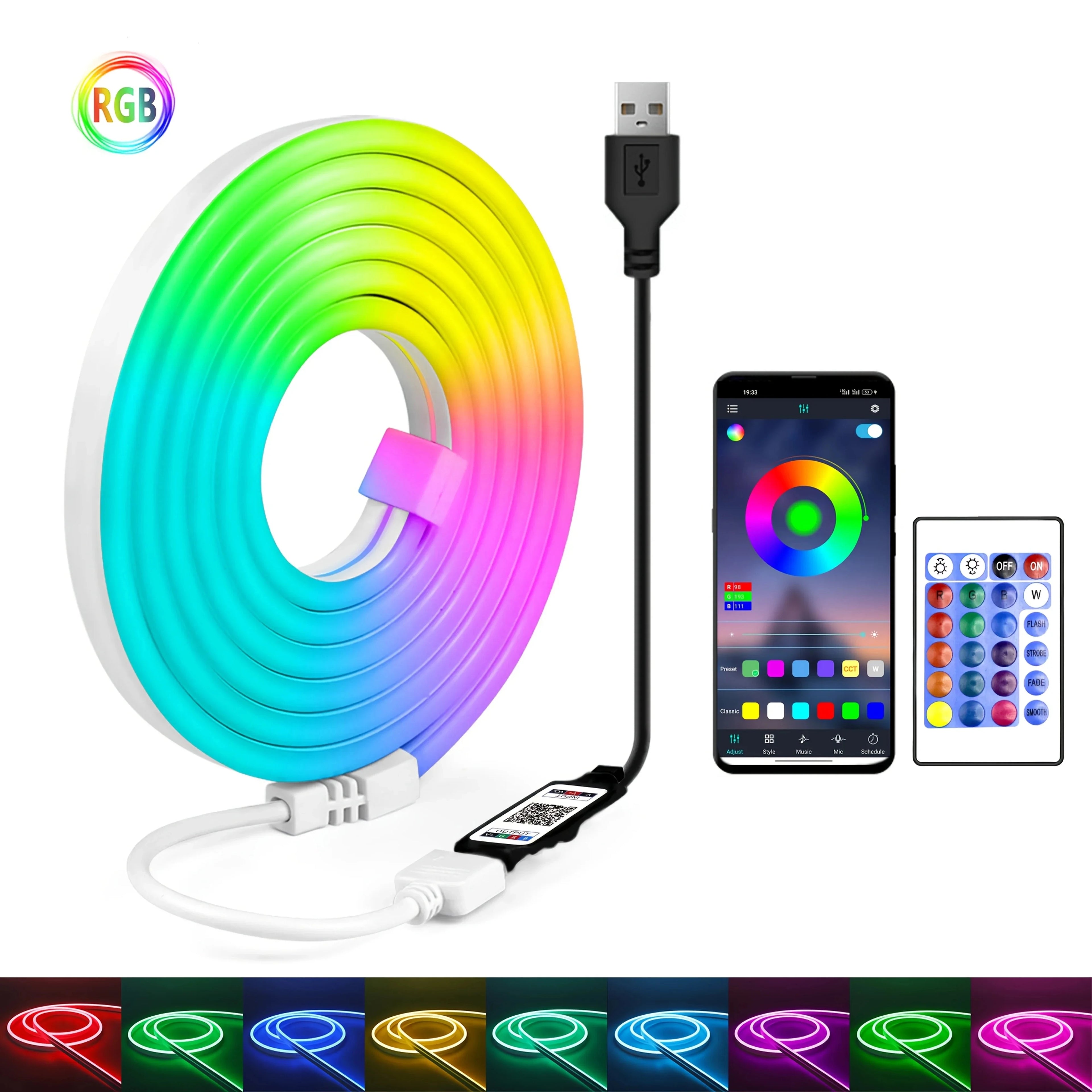 1-5m RGB LED Neon Strip Light 5V USB Flexible Rope Light APP Remote Control Music Sync Color Changing for Room Home Decorations