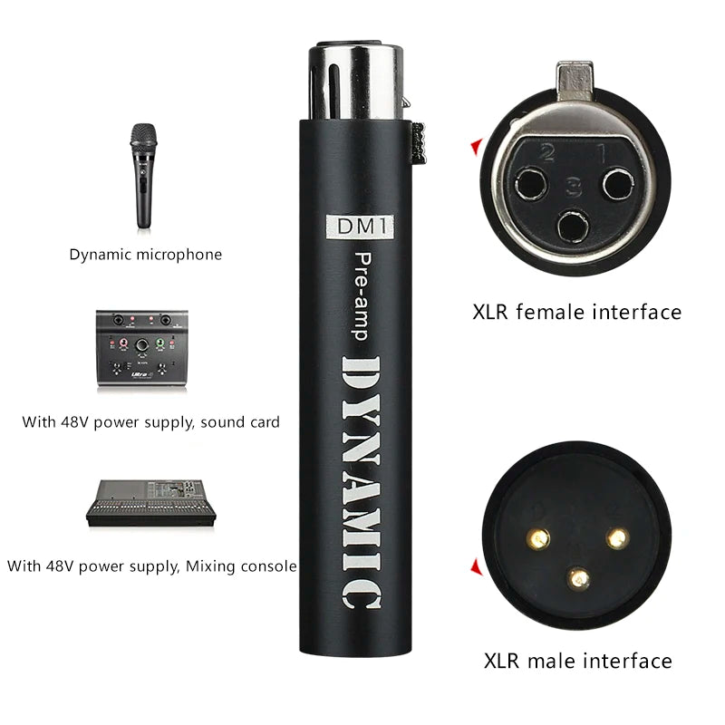 DM1 microphone -28dB preamplifier, plug and play and noise cancelling, for dynamic microphones and 48V phantom power supply