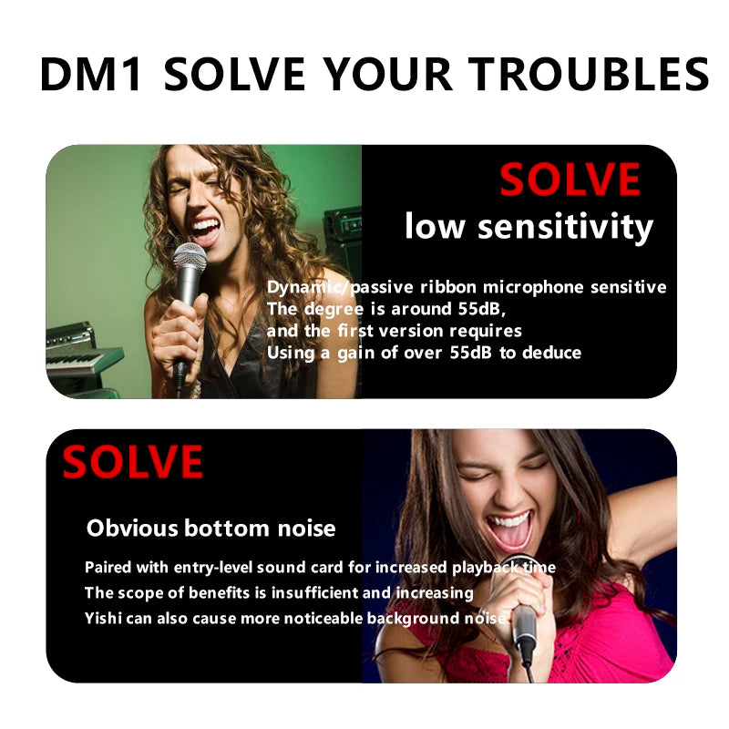 DM1 microphone -28dB preamplifier, plug and play and noise cancelling, for dynamic microphones and 48V phantom power supply