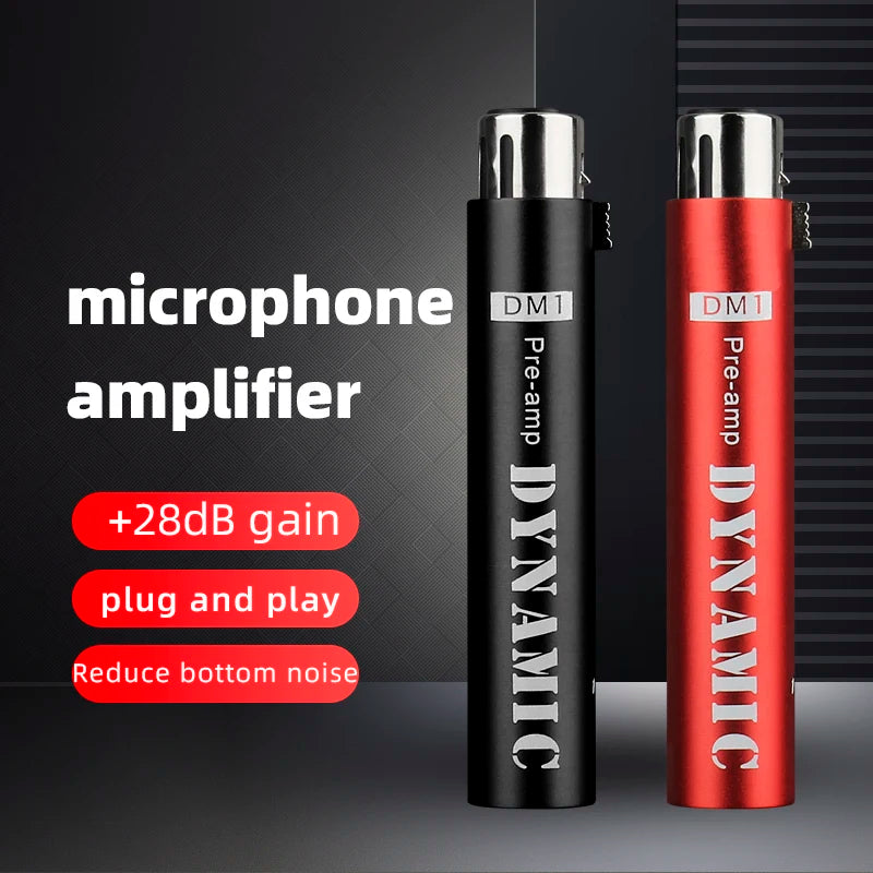 DM1 microphone -28dB preamplifier, plug and play and noise cancelling, for dynamic microphones and 48V phantom power supply
